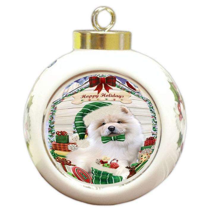 Happy Holidays Christmas Chow Chow Dog House with Presents Round Ball Christmas Ornament RBPOR51397