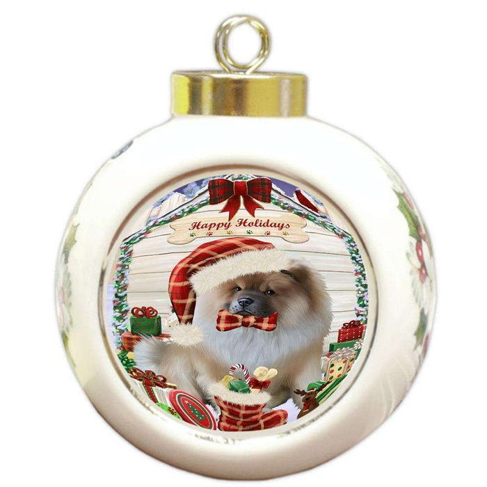 Happy Holidays Christmas Chow Chow Dog House with Presents Round Ball Christmas Ornament RBPOR51398