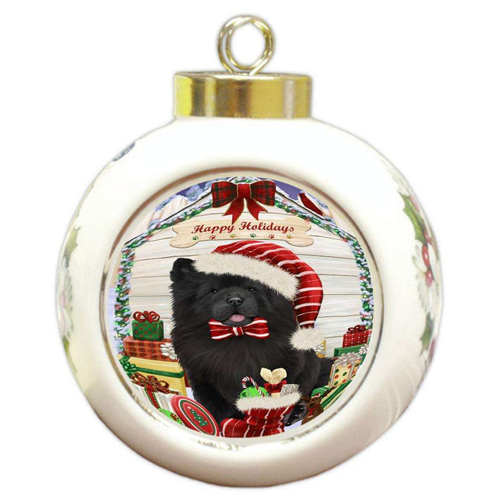 Happy Holidays Christmas Chow Chow Dog House with Presents Round Ball Christmas Ornament RBPOR51399