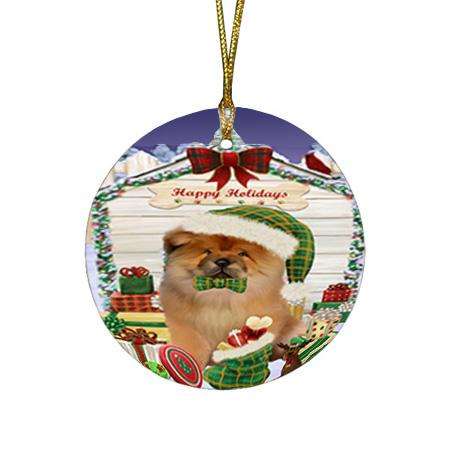 Happy Holidays Christmas Chow Chow Dog House with Presents Round Flat Christmas Ornament RFPOR51387