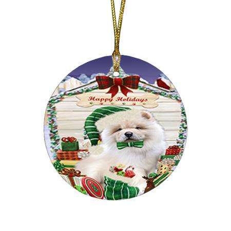 Happy Holidays Christmas Chow Chow Dog House with Presents Round Flat Christmas Ornament RFPOR51388