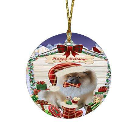 Happy Holidays Christmas Chow Chow Dog House with Presents Round Flat Christmas Ornament RFPOR51389