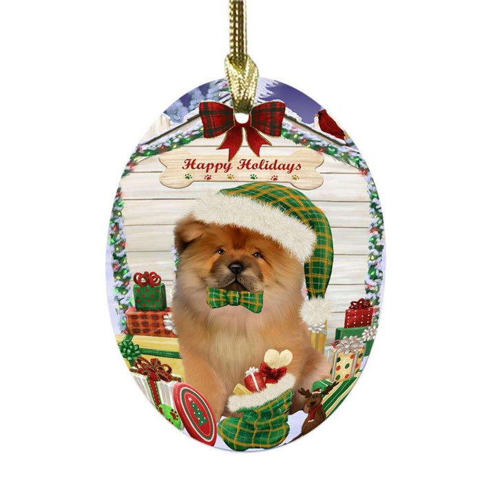 Happy Holidays Christmas Chow Chow House With Presents Oval Glass Christmas Ornament OGOR49842