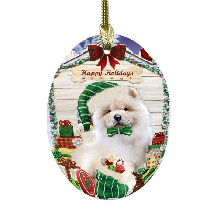 Happy Holidays Christmas Chow Chow House With Presents Oval Glass Christmas Ornament OGOR49843