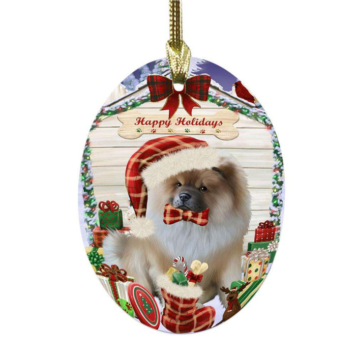 Happy Holidays Christmas Chow Chow House With Presents Oval Glass Christmas Ornament OGOR49844