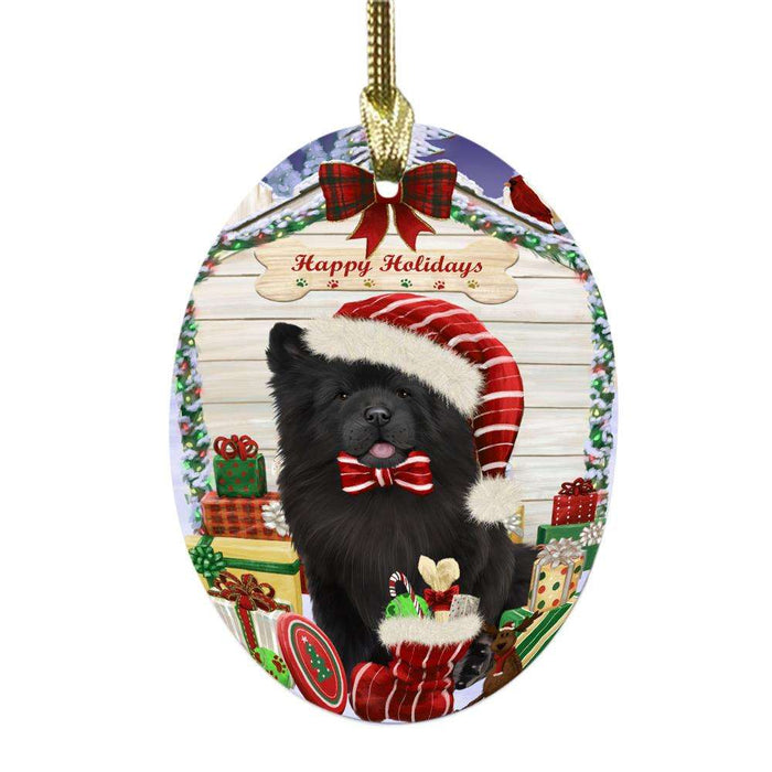 Happy Holidays Christmas Chow Chow House With Presents Oval Glass Christmas Ornament OGOR49845