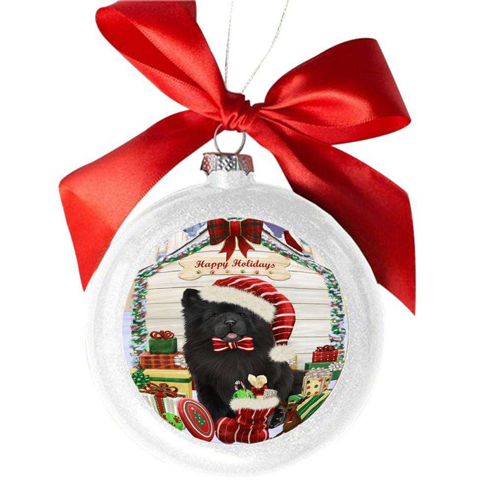 Happy Holidays Christmas Chow Chow House With Presents White Round Ball Christmas Ornament WBSOR49845