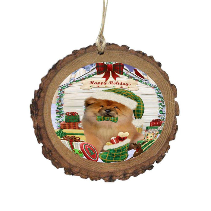 Happy Holidays Christmas Chow Chow House With Presents Wooden Christmas Ornament WOR49842