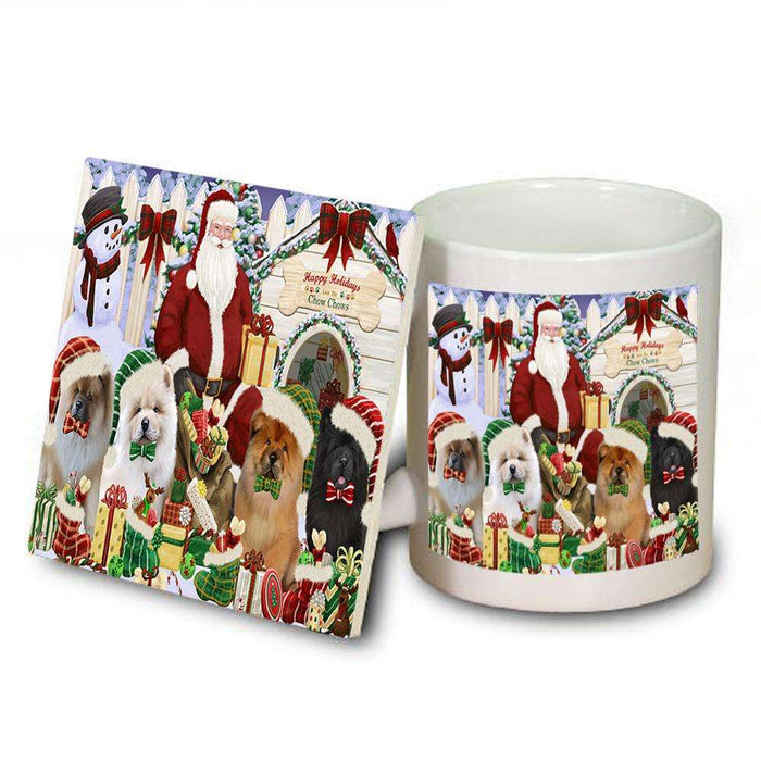 Happy Holidays Christmas Chow Chows Dog House Gathering Mug and Coaster Set MUC51439