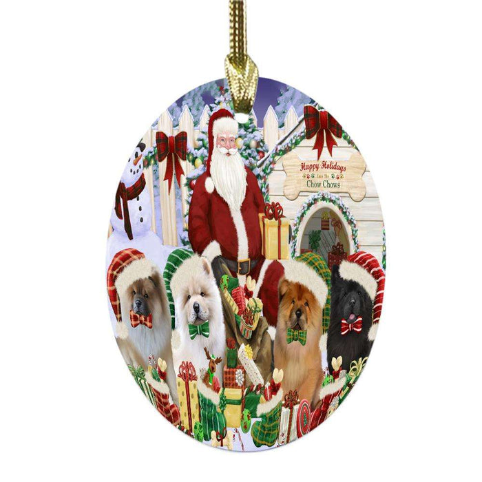 Happy Holidays Christmas Chow Chows Dog House Gathering Oval Glass Christmas Ornament OGOR49697