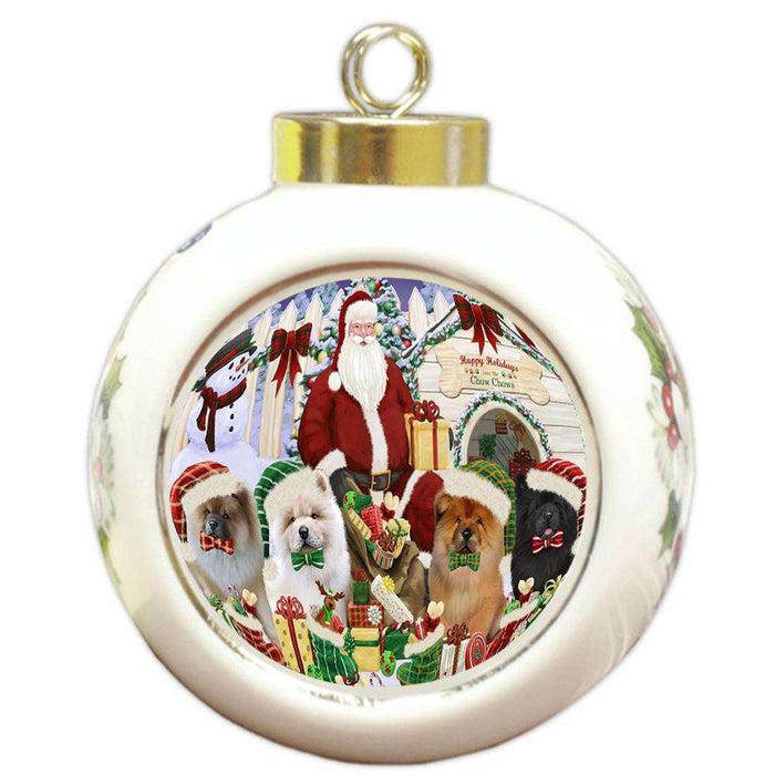 Happy Holidays Christmas Chow Chows Dog House Gathering Round Ball Christmas Ornament RBPOR51447