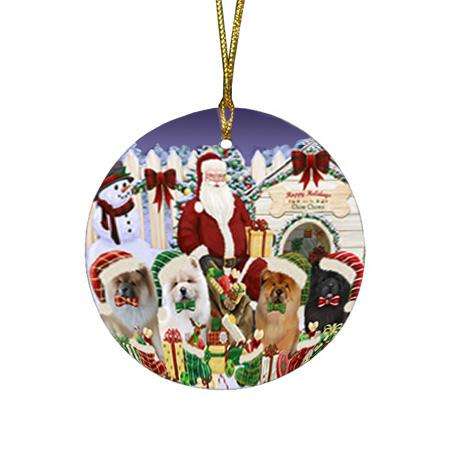 Happy Holidays Christmas Chow Chows Dog House Gathering Round Flat Christmas Ornament RFPOR51438