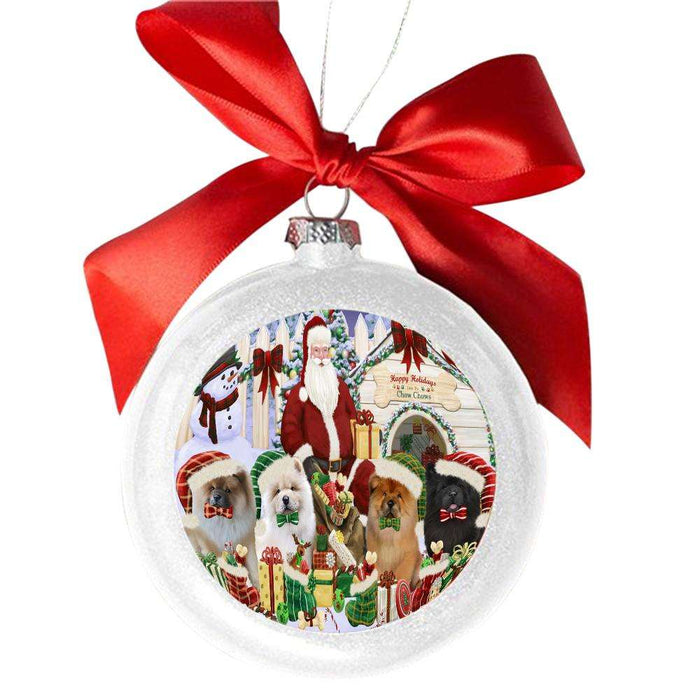 Happy Holidays Christmas Chow Chows Dog House Gathering White Round Ball Christmas Ornament WBSOR49697