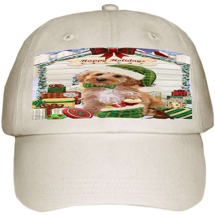 Happy Holidays Christmas Cockapoo Dog With Presents Ball Hat Cap HAT61671