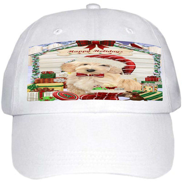 Happy Holidays Christmas Cockapoo Dog With Presents Ball Hat Cap HAT61680