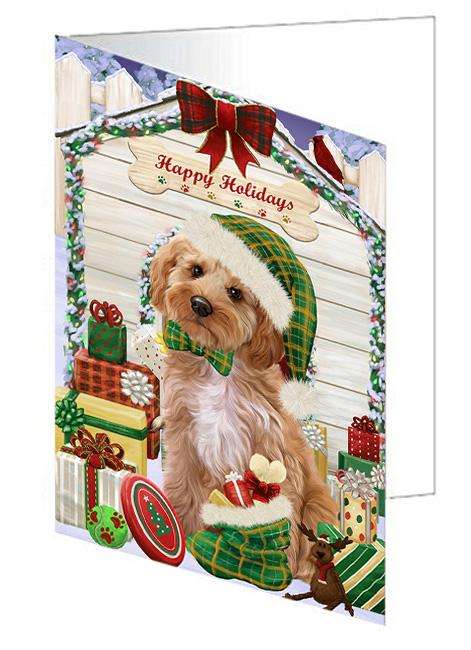 Happy Holidays Christmas Cockapoo Dog With Presents Handmade Artwork Assorted Pets Greeting Cards and Note Cards with Envelopes for All Occasions and Holiday Seasons GCD61967