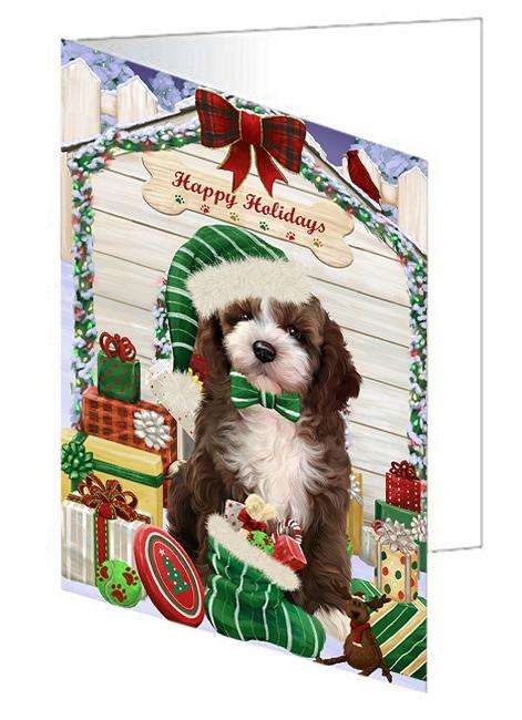 Happy Holidays Christmas Cockapoo Dog With Presents Handmade Artwork Assorted Pets Greeting Cards and Note Cards with Envelopes for All Occasions and Holiday Seasons GCD61970
