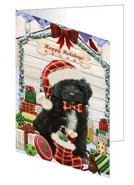 Happy Holidays Christmas Cockapoo Dog With Presents Handmade Artwork Assorted Pets Greeting Cards and Note Cards with Envelopes for All Occasions and Holiday Seasons GCD61973