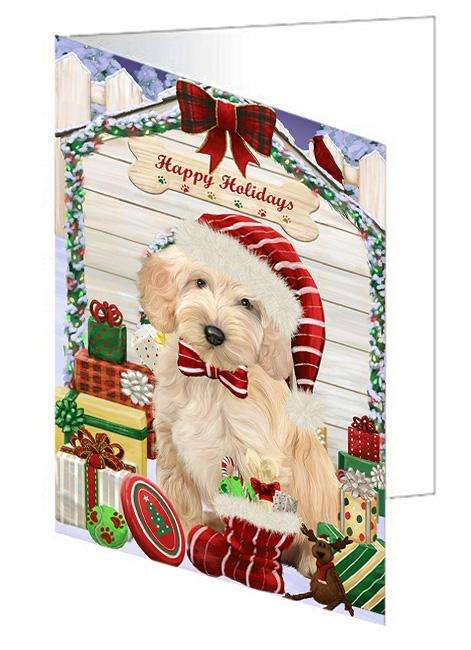 Happy Holidays Christmas Cockapoo Dog With Presents Handmade Artwork Assorted Pets Greeting Cards and Note Cards with Envelopes for All Occasions and Holiday Seasons GCD61976