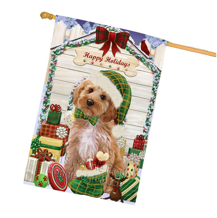 Happy Holidays Christmas Cockapoo Dog With Presents House Flag FLG52727