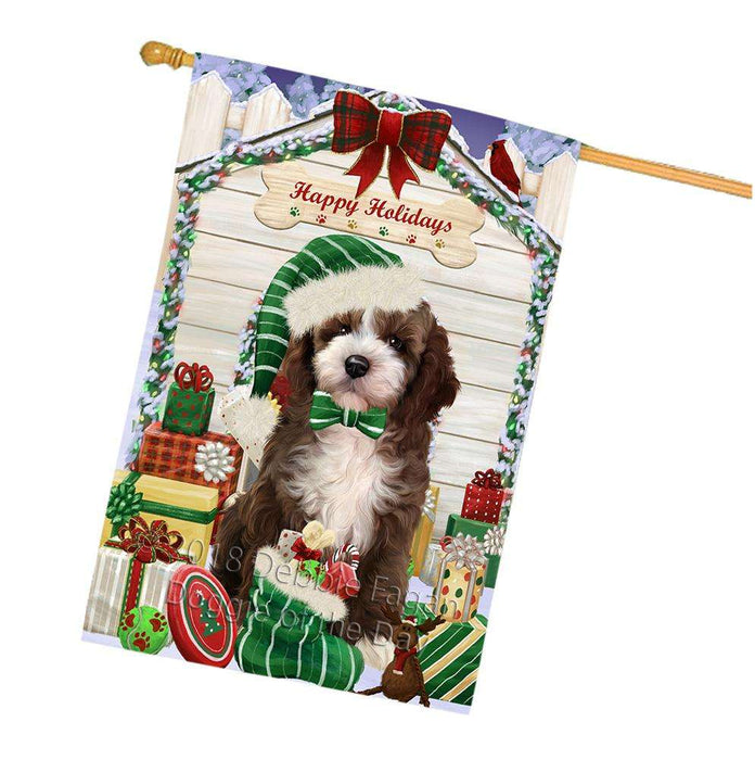Happy Holidays Christmas Cockapoo Dog With Presents House Flag FLG52728