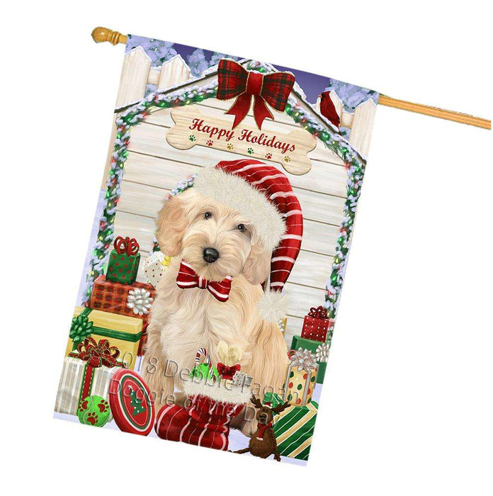 Happy Holidays Christmas Cockapoo Dog With Presents House Flag FLG52730