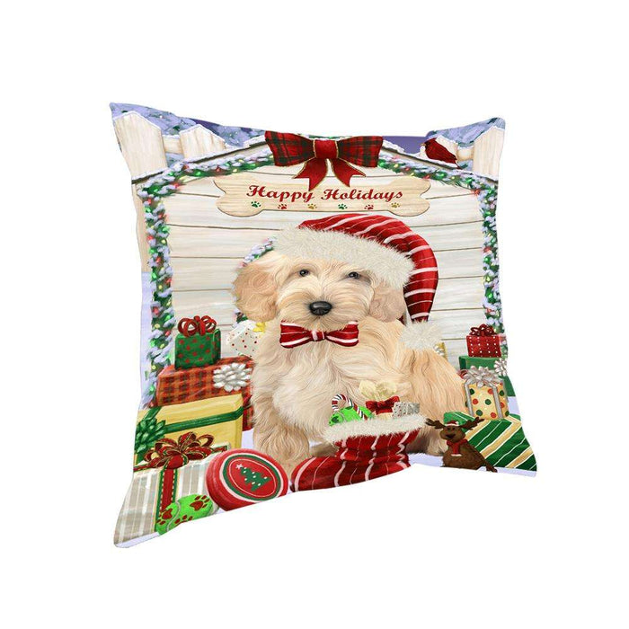 Happy Holidays Christmas Cockapoo Dog With Presents Pillow PIL66752
