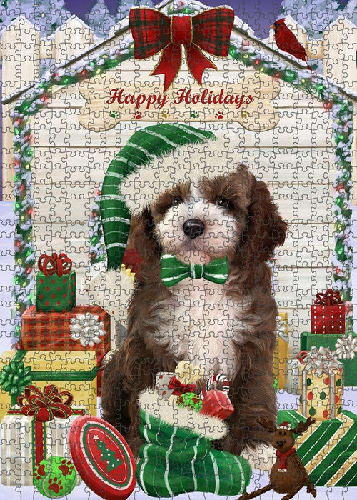 Happy Holidays Christmas Cockapoo Dog With Presents Puzzle with Photo Tin PUZL61872