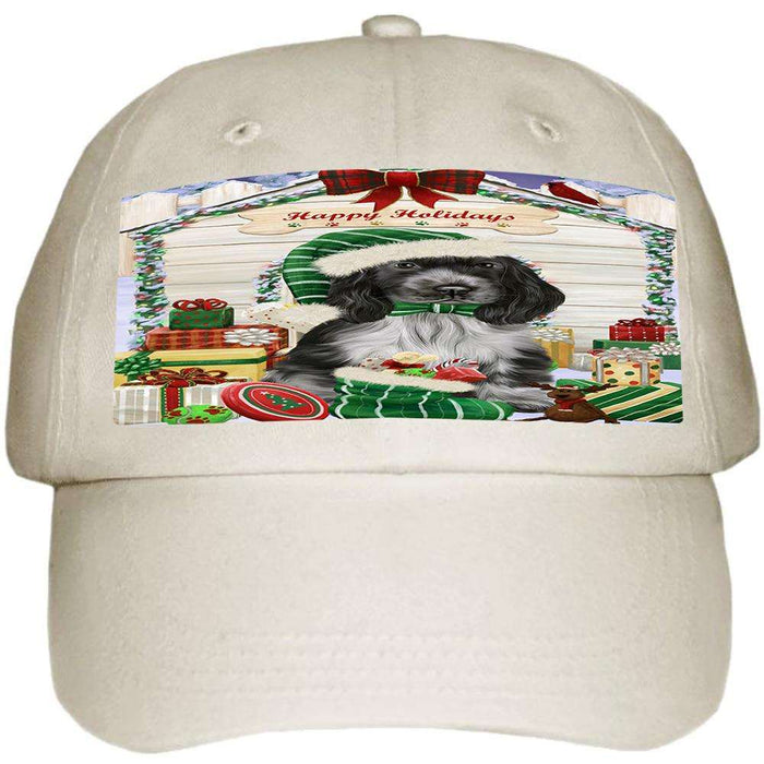 Happy Holidays Christmas Cocker Spaniel Dog With Presents Ball Hat Cap HAT61686