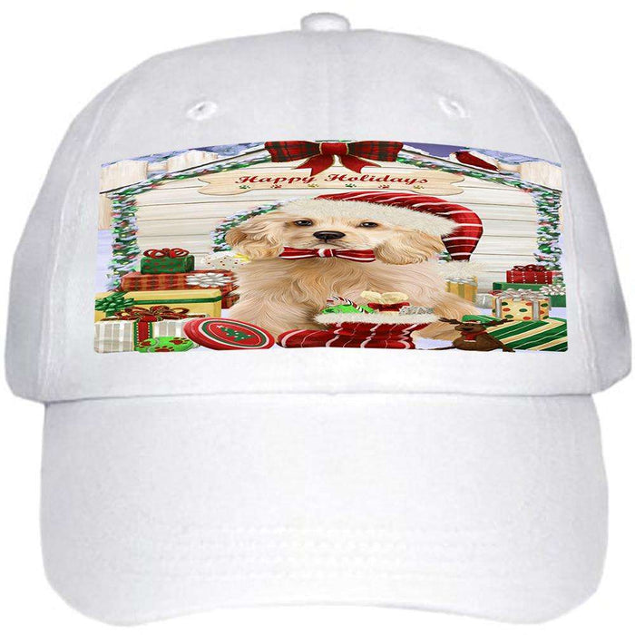 Happy Holidays Christmas Cocker Spaniel Dog With Presents Ball Hat Cap HAT61692