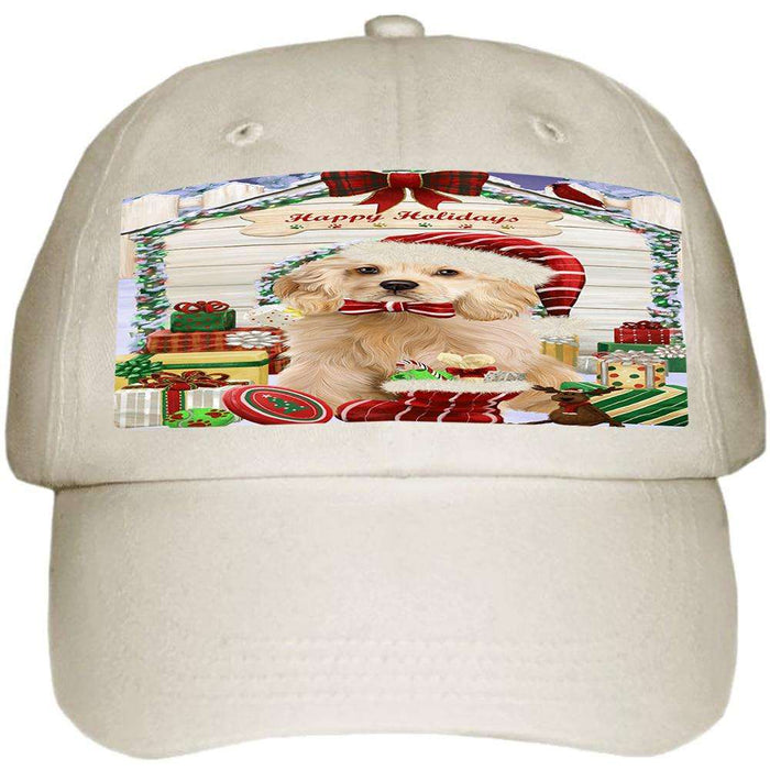 Happy Holidays Christmas Cocker Spaniel Dog With Presents Ball Hat Cap HAT61692