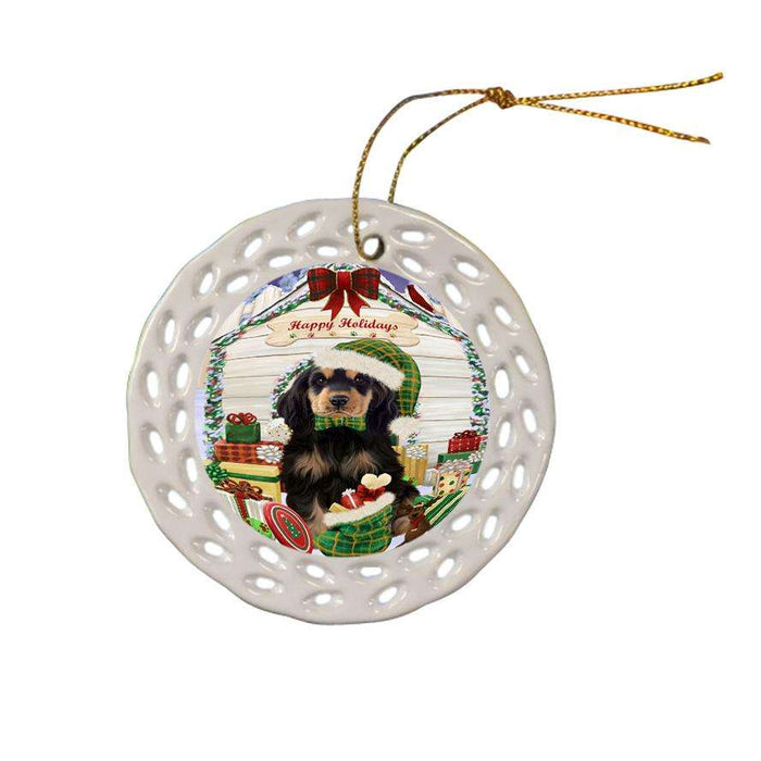 Happy Holidays Christmas Cocker Spaniel Dog With Presents Ceramic Doily Ornament DPOR52650