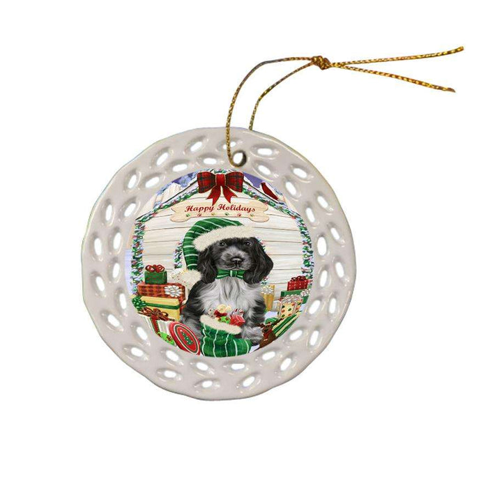 Happy Holidays Christmas Cocker Spaniel Dog With Presents Ceramic Doily Ornament DPOR52651