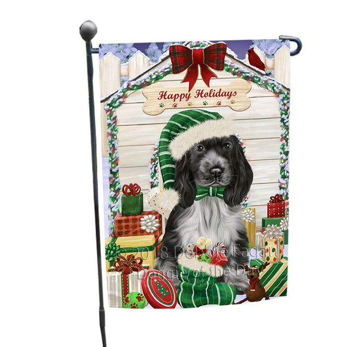 Happy Holidays Christmas Cocker Spaniel Dog With Presents Garden Flag GFLG52596