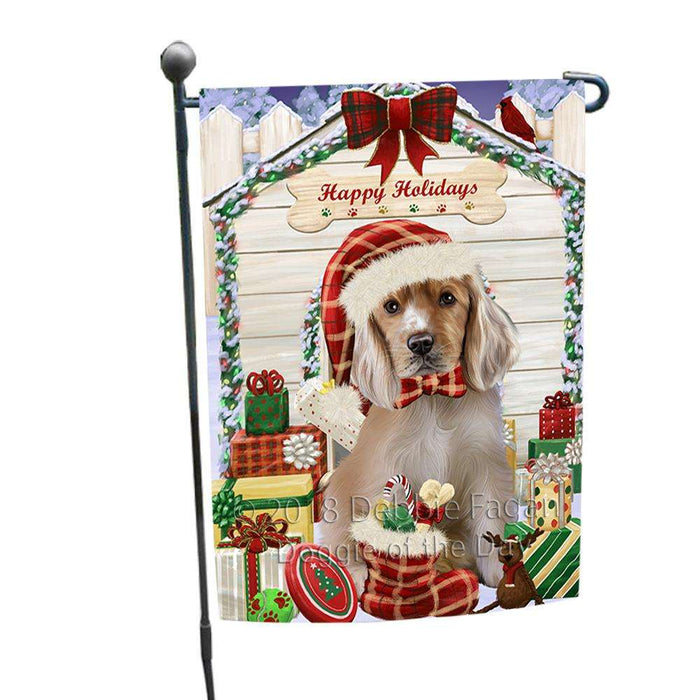 Happy Holidays Christmas Cocker Spaniel Dog With Presents Garden Flag GFLG52597