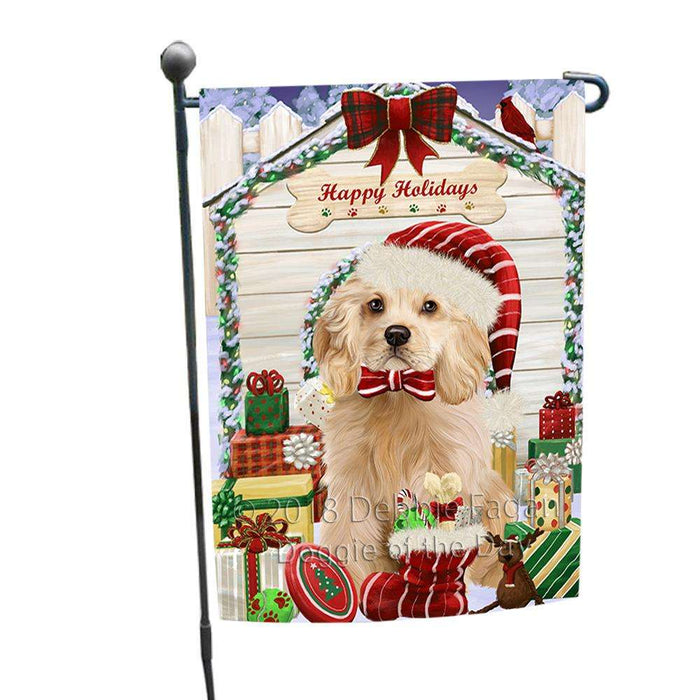 Happy Holidays Christmas Cocker Spaniel Dog With Presents Garden Flag GFLG52598