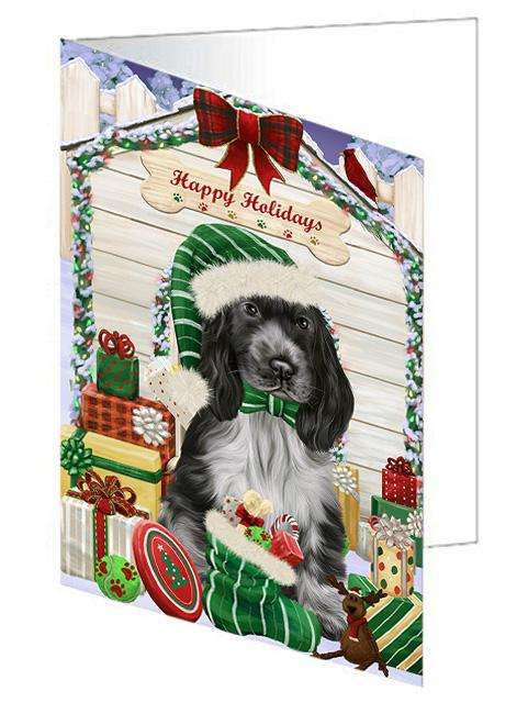 Happy Holidays Christmas Cocker Spaniel Dog With Presents Handmade Artwork Assorted Pets Greeting Cards and Note Cards with Envelopes for All Occasions and Holiday Seasons GCD61982