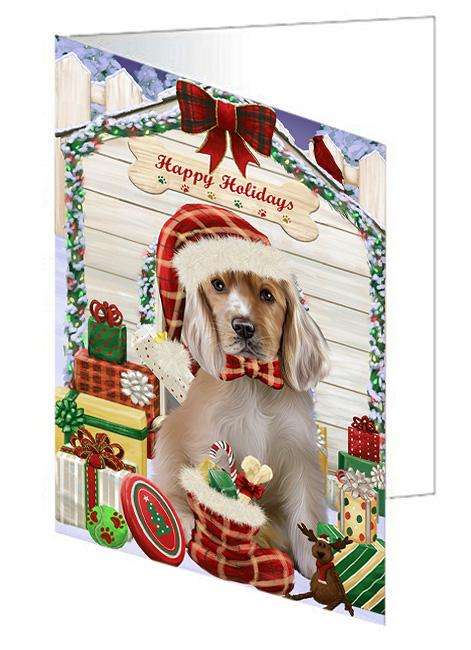 Happy Holidays Christmas Cocker Spaniel Dog With Presents Handmade Artwork Assorted Pets Greeting Cards and Note Cards with Envelopes for All Occasions and Holiday Seasons GCD61985