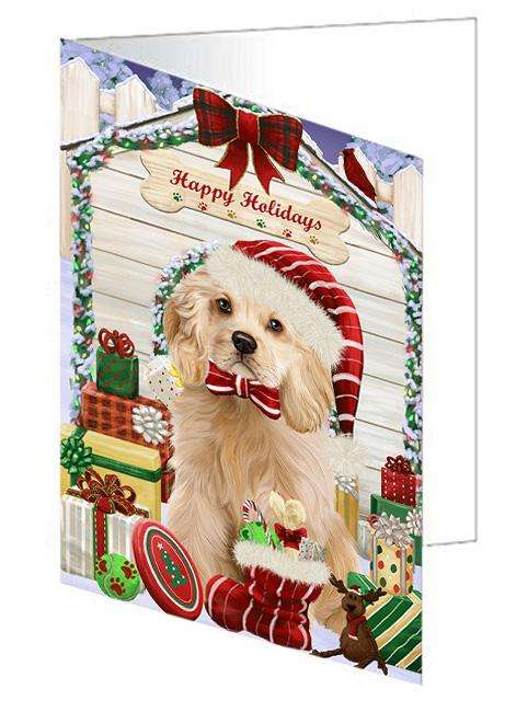 Happy Holidays Christmas Cocker Spaniel Dog With Presents Handmade Artwork Assorted Pets Greeting Cards and Note Cards with Envelopes for All Occasions and Holiday Seasons GCD61988