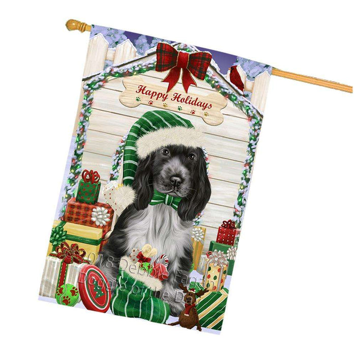 Happy Holidays Christmas Cocker Spaniel Dog With Presents House Flag FLG52732