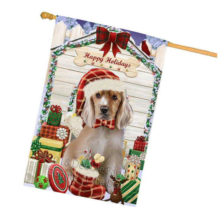 Happy Holidays Christmas Cocker Spaniel Dog With Presents House Flag FLG52733