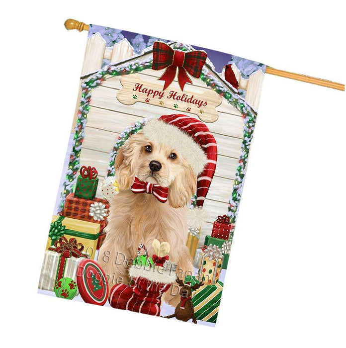 Happy Holidays Christmas Cocker Spaniel Dog With Presents House Flag FLG52734