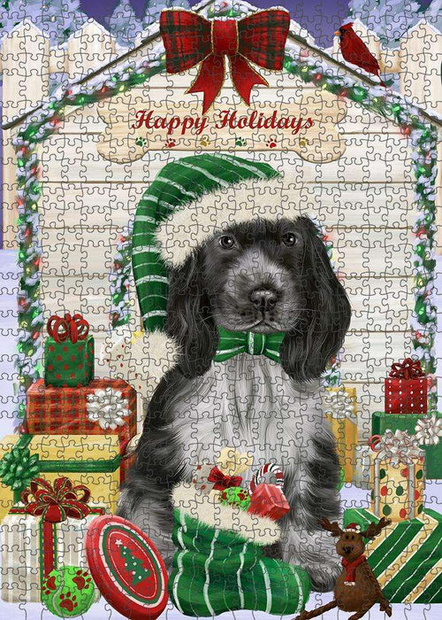 Happy Holidays Christmas Cocker Spaniel Dog With Presents Puzzle with Photo Tin PUZL61884