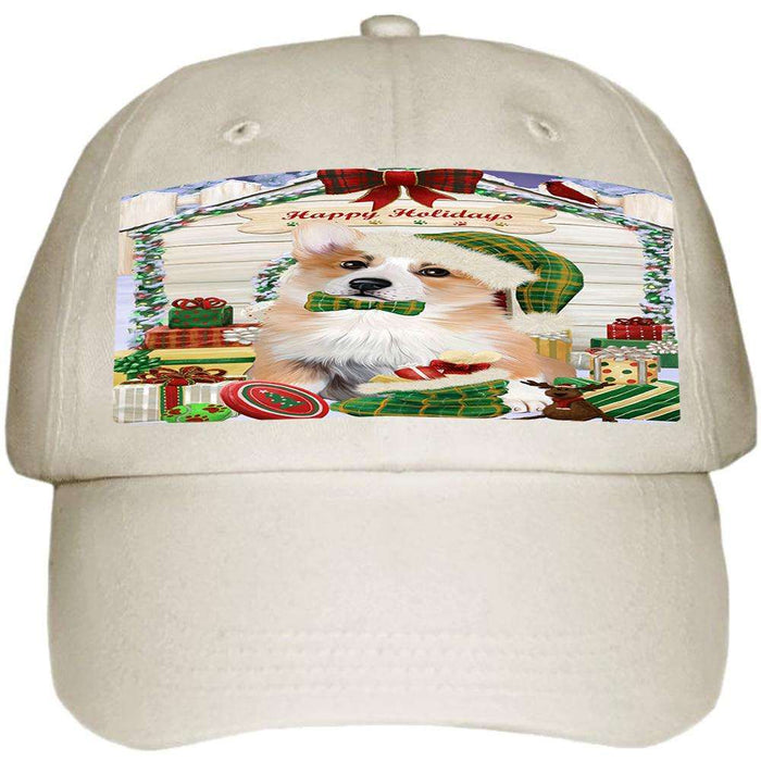 Happy Holidays Christmas Corgi Dog House with Presents Ball Hat Cap HAT57933
