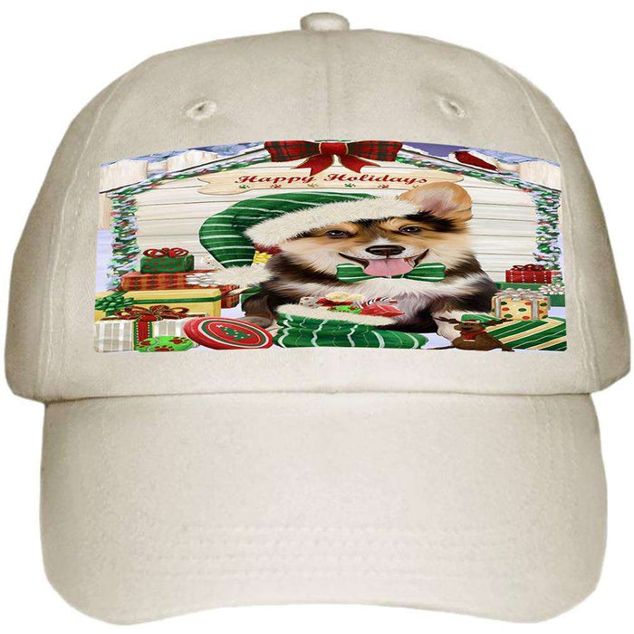 Happy Holidays Christmas Corgi Dog House with Presents Ball Hat Cap HAT57936