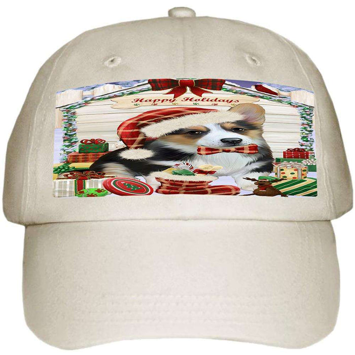Happy Holidays Christmas Corgi Dog House with Presents Ball Hat Cap HAT57939