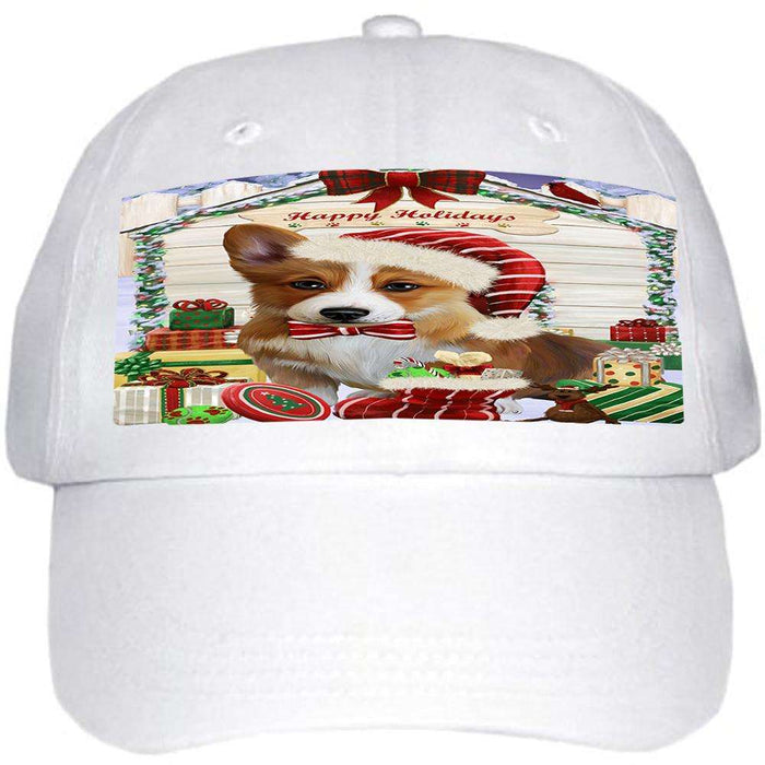 Happy Holidays Christmas Corgi Dog House with Presents Ball Hat Cap HAT57942
