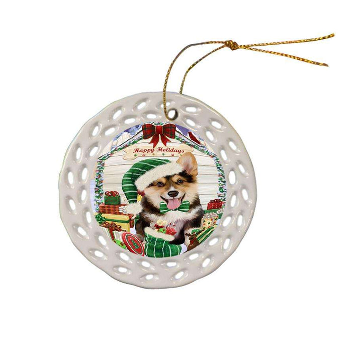 Happy Holidays Christmas Corgi Dog House with Presents Ceramic Doily Ornament DPOR51401