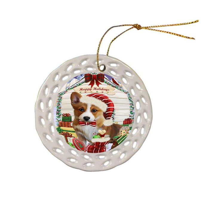 Happy Holidays Christmas Corgi Dog House with Presents Ceramic Doily Ornament DPOR51403