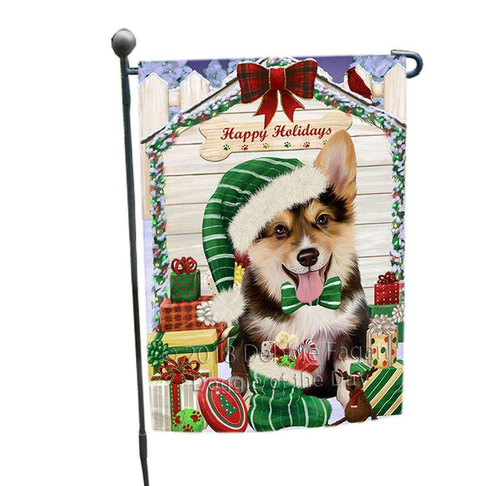 Happy Holidays Christmas Corgi Dog House with Presents Garden Flag GFLG51413
